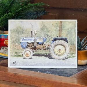 Original Watercolor Painting Blue Tractor In India 11.5 x 8.5
